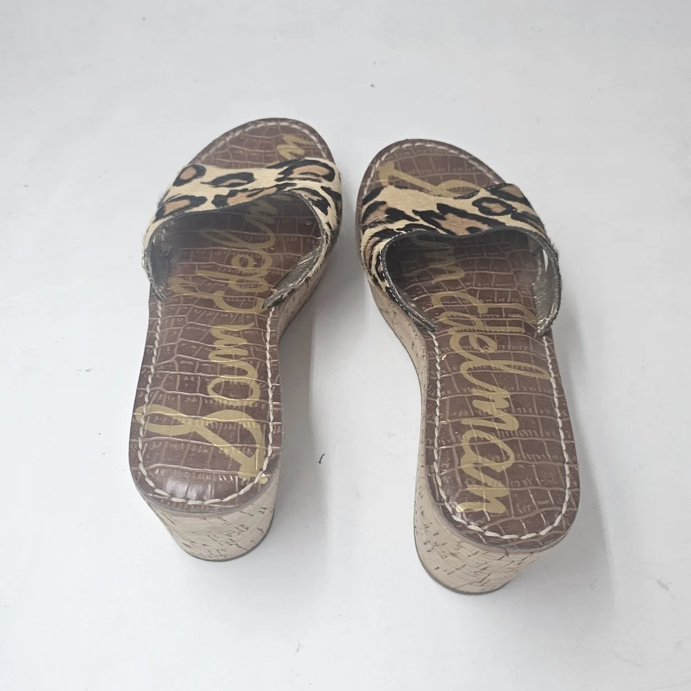 Sam Edelman Reid Leopard Calf Hair Cork Wedge Slide Sandals Platform Size 8